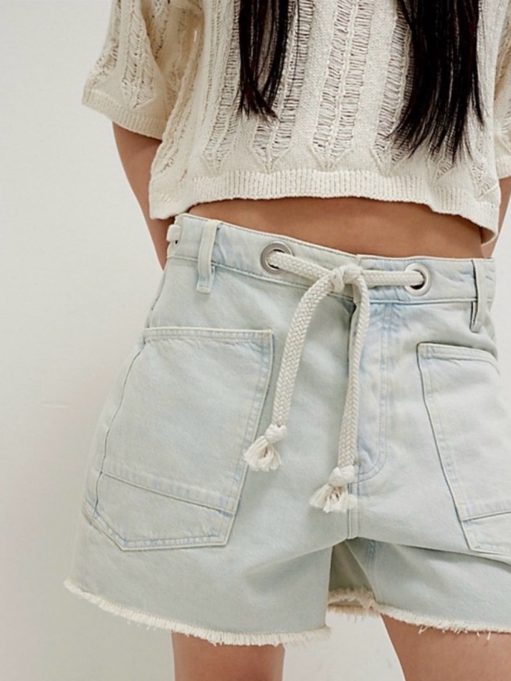 Free People Light Wash Rope-Tie Denim Shorts